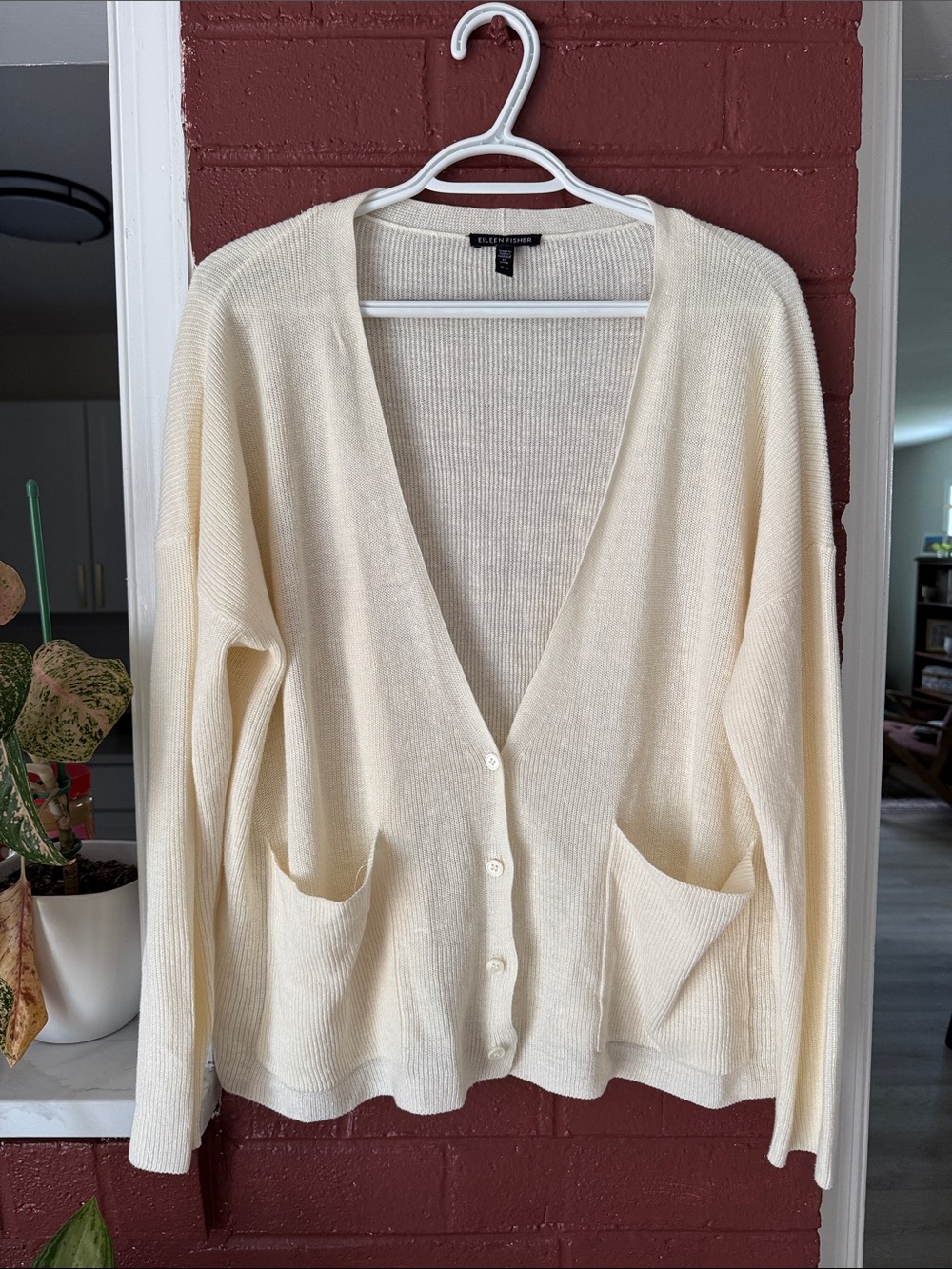 Eileen Fisher Cream Button-Front V-Neck Cardigan Organic Linen Cotton Medium